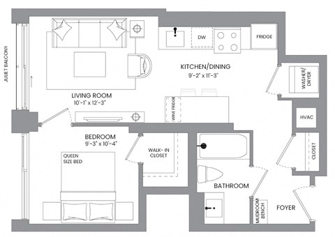 Floor plan for 1 bed, 1 bath, 515 sqft